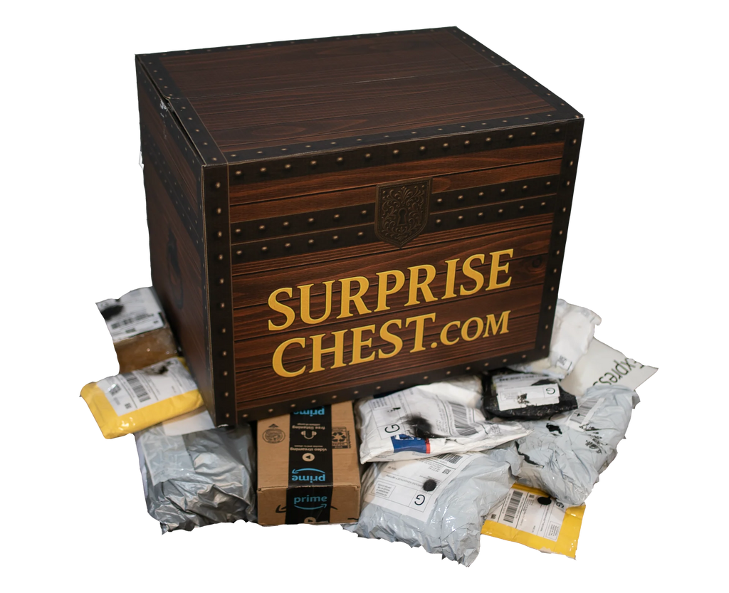 Surprise Chest treasure chest surrounded by unclaimed mail packages